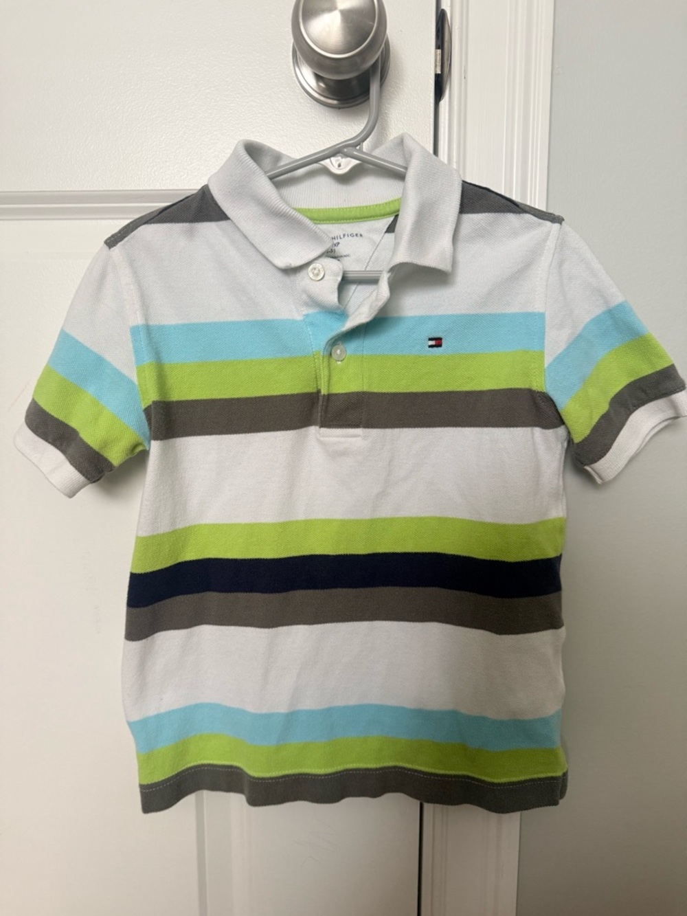 Tommy Hilfiger White Polo with Blue, Green & Navy Stripes
